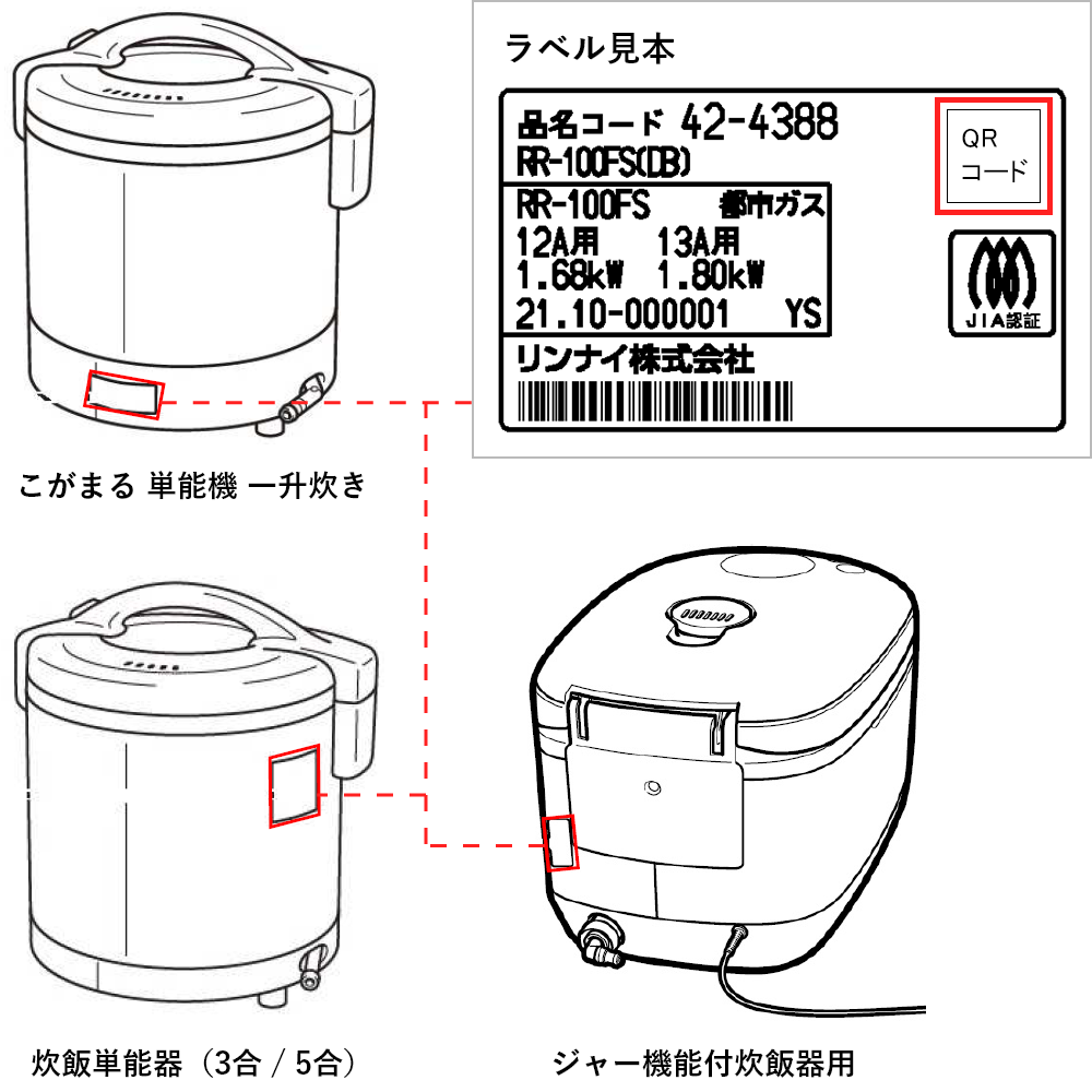 ガス炊飯器の銘板の位置